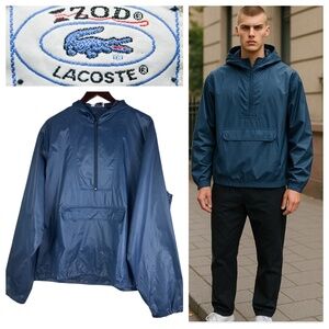 Vtg Izod Lacoste Rain Jacket Windbreaker Mens XL Navy Blue Hooded Anorak